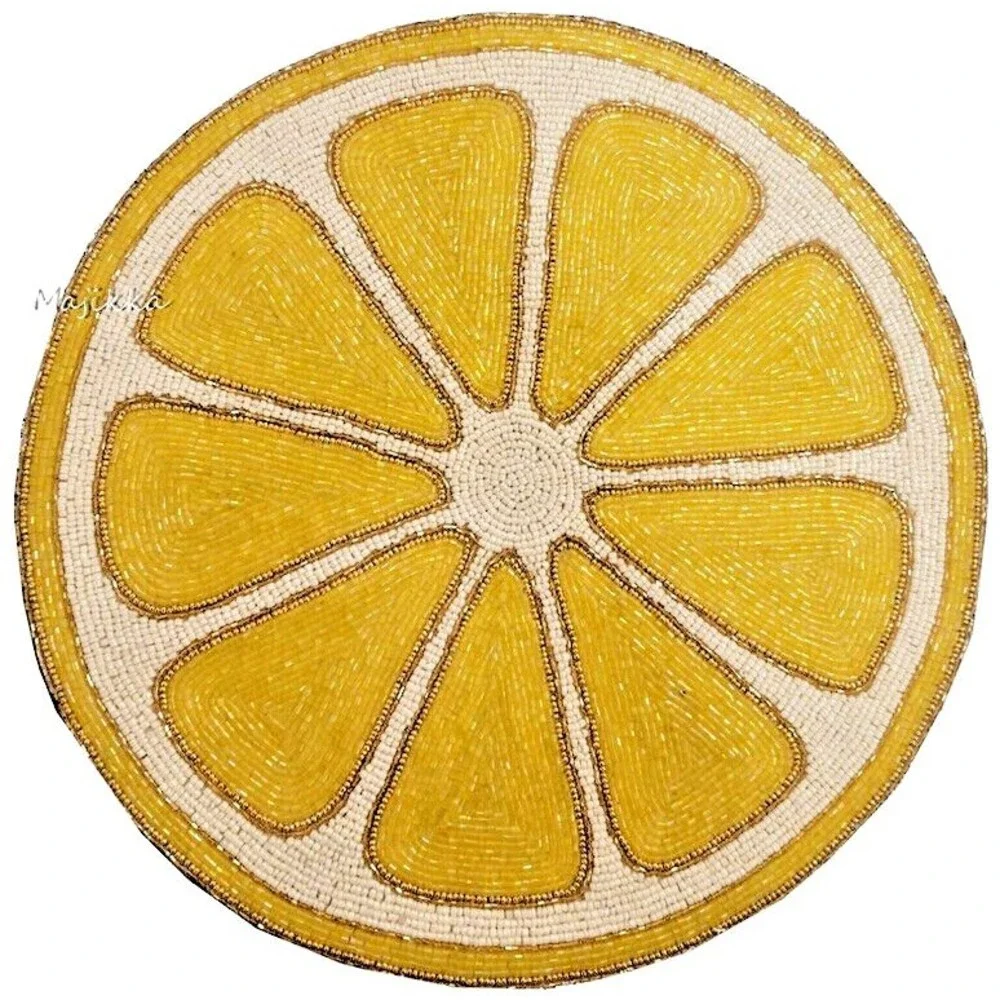 Tropical Hacienda Lemon Fruit Slice Placemats Yellow Beaded 15